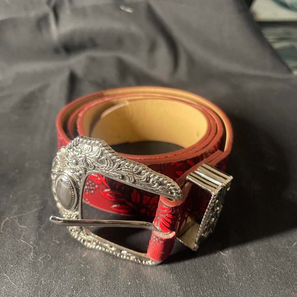 Vintage Red Floral Embossed Leather Belt, Silver Western Buckle, 45"